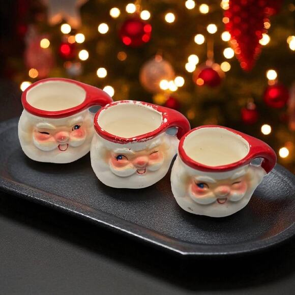 3 pc Vintage 1960 Winking Santa Shot Glass Holt Howard 1.5" Christmas Mugs Japan - Picture 1 of 16